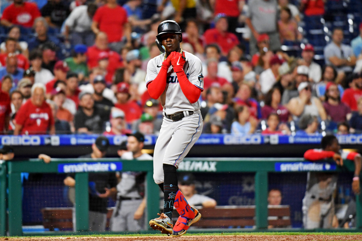 Marlins second baseman Jazz Chisholm Jr. celebrates  his solo home run against the Philadelphia Phillies during the seventh inning at Citizens Bank Park.